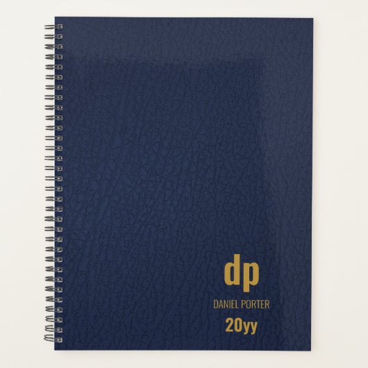 Moderne leder ziet er donkerblauw uit en gouden mo planner (Voorkant)