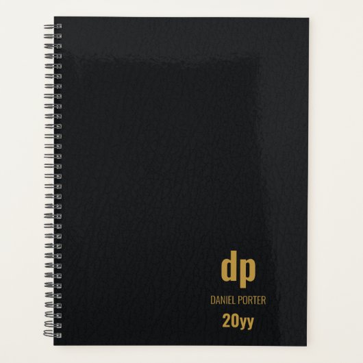 Moderne lederen blik zwart en gouden monogrammen planner (Voorkant)