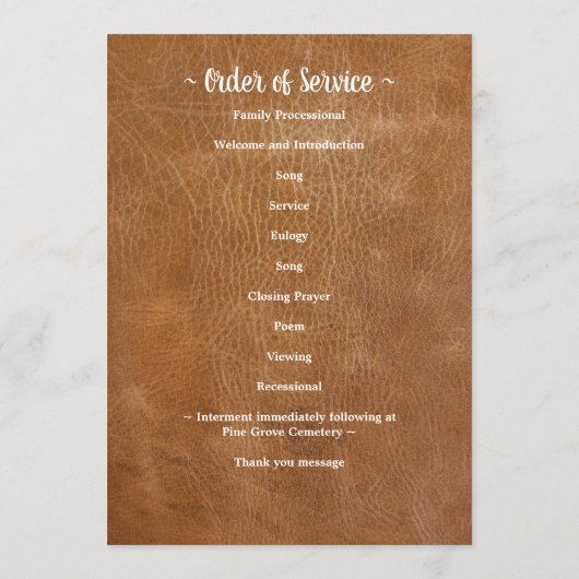 Moderne lederen herdenkingsorde van dienst begrafe programmakaart (Achterkant)