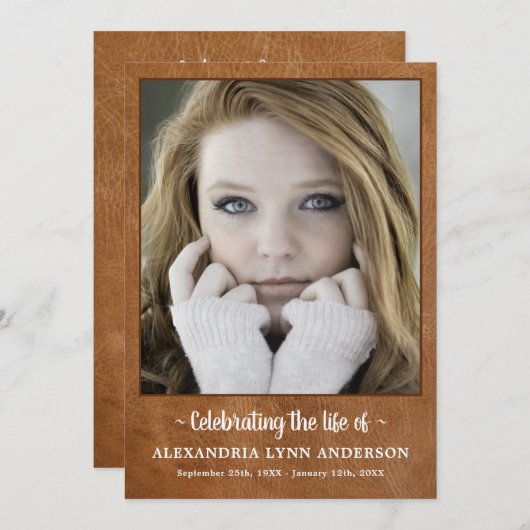 Moderne lederen herdenkingsorde van dienst begrafe programmakaart (Voorkant / Achterkant)