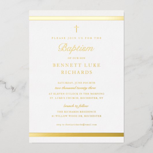 Moderne legance boys Baptisme Gold Folie Uitnodiging (Voorkant)