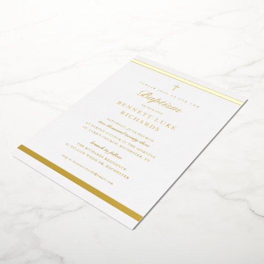 Moderne legance boys Baptisme Gold Folie Uitnodiging (Gedraaid)