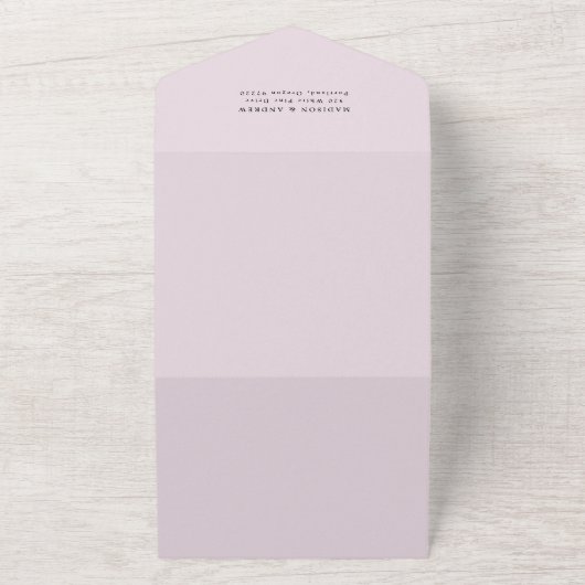 Moderne legant Script Lavender Photo Wedding All In One Uitnodiging (Buitenkant)