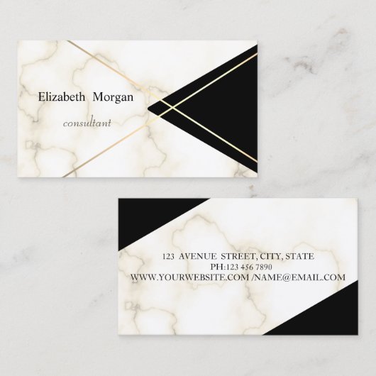 Moderne legante geometrische marmer, zwarte gouden visitekaartje (Voorkant / Achterkant)