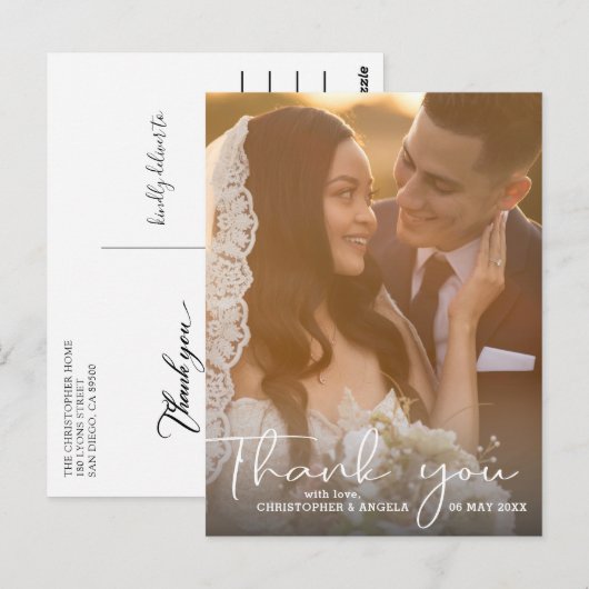 Moderne legante kalligrafie Foto bruiloft Bedankt Briefkaart (Voorkant / Achterkant)