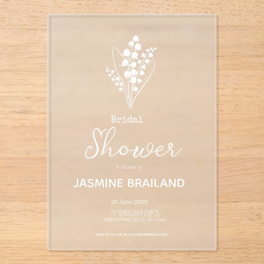 Moderne Lelie van het Vallei Boeket Vrijgezellenfe Acryl Uitnodigingen (Voorkant)