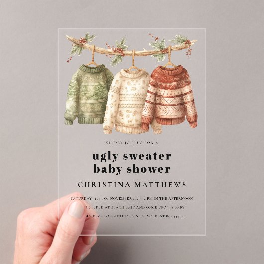 Moderne lelijke wintertrui Baby shower Acryl Uitnodigingen (Insitu (Draagbaar))