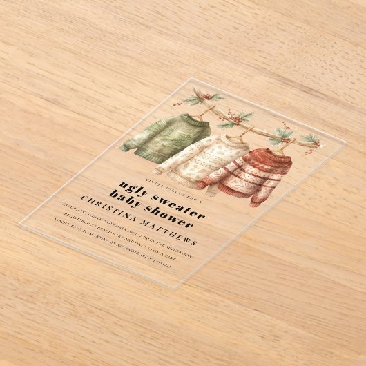 Moderne lelijke wintertrui Baby shower Acryl Uitnodigingen (Laagn)