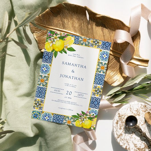 Moderne Lemon Blue & Yellow Mediterranean Wedding Kaart