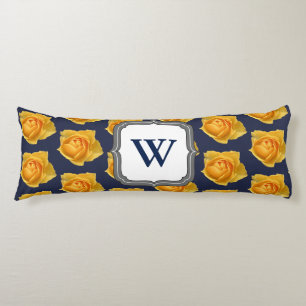 Moderne Lemon Yellow Roses & Navy Initiaal Letter Lichaamskussen