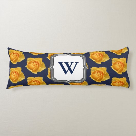 Moderne Lemon Yellow Roses & Navy Initiaal Letter Lichaamskussen (Voorkant)