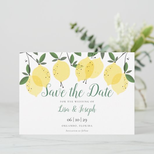 Moderne Lemons Elegant Script Save The Date (Staand voorkant)