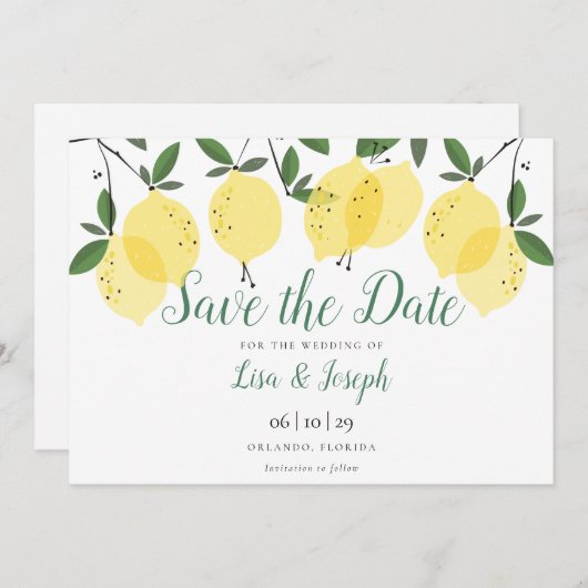 Moderne Lemons Elegant Script Save The Date (Voorkant / Achterkant)