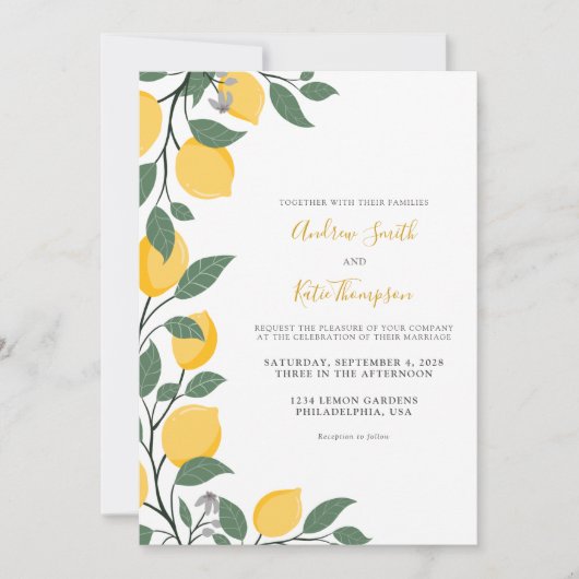 Moderne Lemons en Leaves Calligraphy Wedding Kaart (Voorkant)