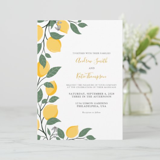 Moderne Lemons en Leaves Calligraphy Wedding Kaart (Staand voorkant)