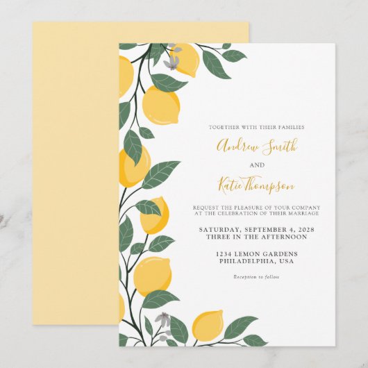 Moderne Lemons en Leaves Calligraphy Wedding Kaart (Voorkant / Achterkant)