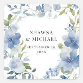 Moderne lente bloemenblauw wit Waterverf bruiloft Vierkante Sticker