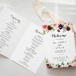 Moderne lente bloemenkalligrafie gevouwen bruiloft programma<br><div class="desc">Dit moderne lente bloemenkalligrafie gevouwen huwelijksprogramma is perfect voor een eenvoudige bruiloft. Het handbeschilderde ontwerp is voorzien van groene bladeren,  oogverblindend roze,  blush,  paarse,  rode,  witte en bordeaux oogverblindende rozen,  pioenen netjes gerangschikt in kleine schattige boeketten. Neem een offerte of kort bericht,  bestelling van service,  bruiloft en bedankbericht op.</div>