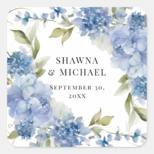 Moderne Lente Bloemige Blauw Witte Waterverf Trouw Vierkante Sticker
