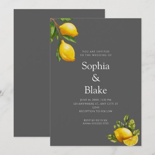 Moderne lente met hoogwaardig citrus Gray Wedding Kaart (Voorkant / Achterkant)