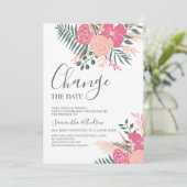 Moderne lente roze groene bruiloft verandert datum kaart (Staand voorkant)