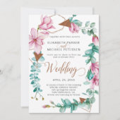 Moderne lente roze mint magnolia krans bruiloft kaart (Voorkant)