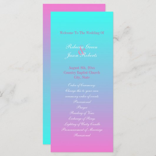 Moderne lente roze turquoise ombre huwelijksprogra programmakaart (Voorkant / Achterkant)
