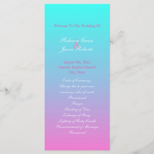 Moderne lente roze turquoise ombre huwelijksprogra programmakaart (Voorkant)