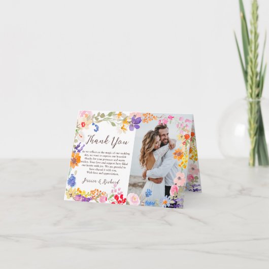 Moderne lente tuin wilde bloemen foto's bruiloft bedankkaart (Voorkant)