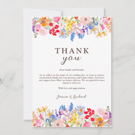 Moderne lente tuin wilde bloemen script bruiloft bedankkaart (Voorkant)