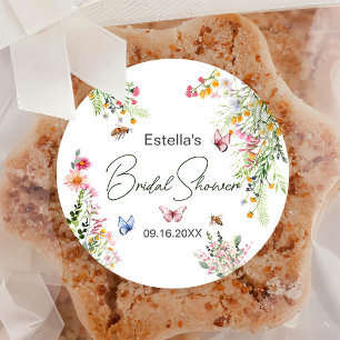 Moderne lente wilde bloemen script bruidsdouche ronde sticker