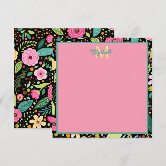 Moderne lentebloemen op zwart monogram notitiekaartje (Voorkant / Achterkant)