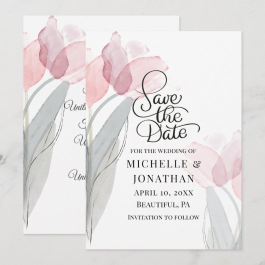 Moderne lentroze tulpen Inspirerend Save The Date (Voorkant / Achterkant)