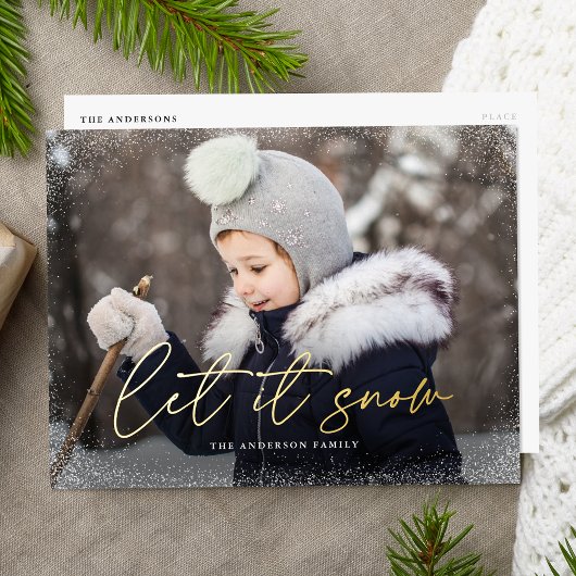 Moderne Let it Snow Script Foto Folie Feestdagen Briefkaart
