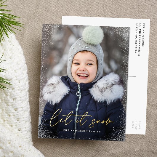 Moderne Let it Snow Script Foto Folie Feestdagen Briefkaart