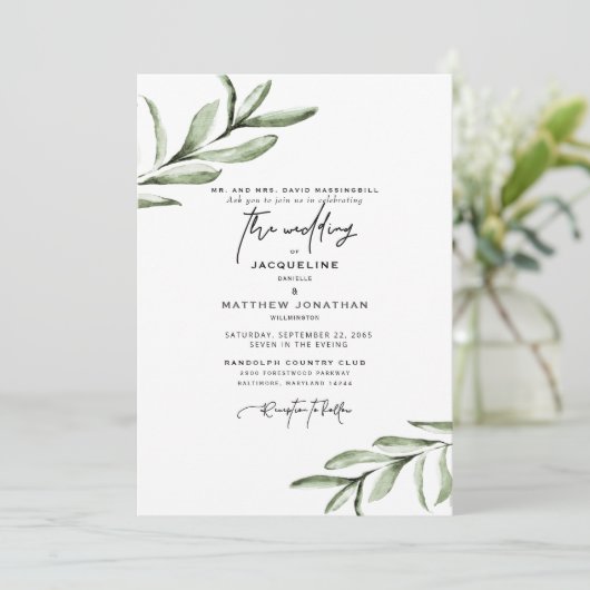 Moderne lettertype Simple Foliage Wedding Kaart (Staand voorkant)