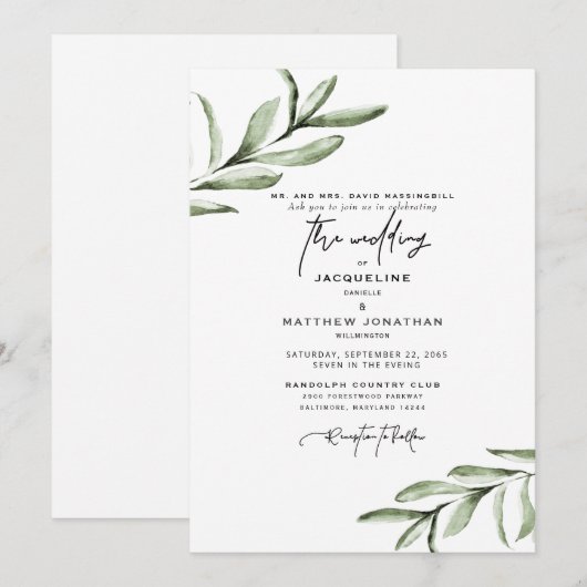 Moderne lettertype Simple Foliage Wedding Kaart (Voorkant / Achterkant)