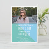 Moderne lettertype turquoise blauwe afstudeerfoto kaart (Staand voorkant)