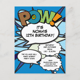 Moderne Leuke Blauwe Verjaardag Strip POW Elke Lee Uitnodiging Briefkaart