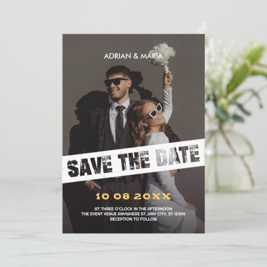 Moderne leuke foto bruiloft save the date (Staand voorkant)