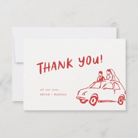 Moderne leuke funky retro rode bruiloft bedankkaart (Voorkant)