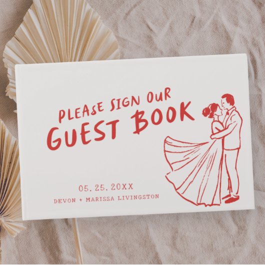 Moderne leuke funky retro rode bruiloft gastenboek