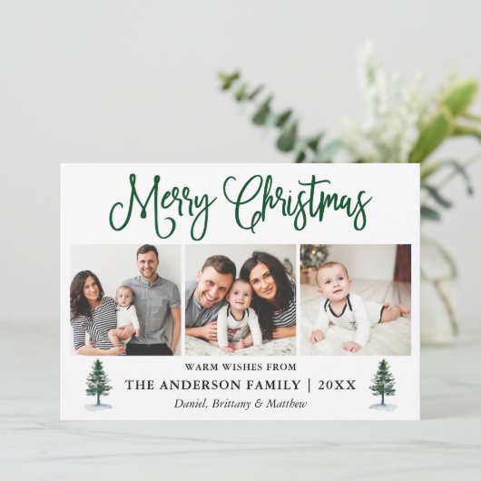 Moderne leuke kalligrafie 3 foto dennen kerst feestdagenkaart (Staand voorkant)