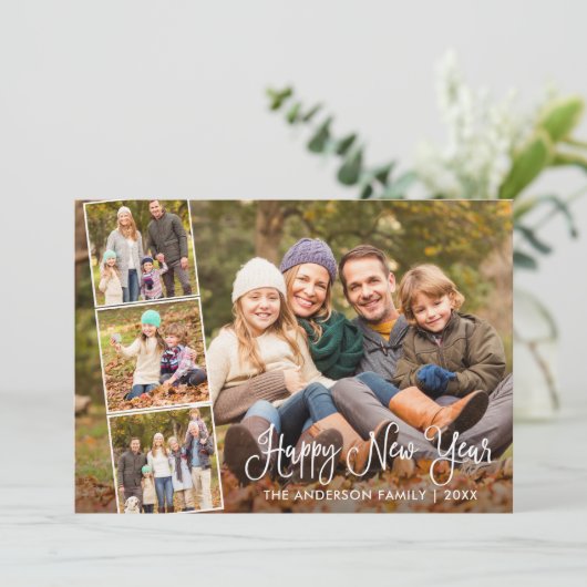Moderne Leuke Kalligrafie Gelukkig Nieuwjaar 4 Fot Feestdagenkaart (Staand voorkant)