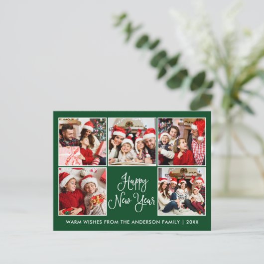 Moderne Leuke Kalligrafie Groen 5 Foto Nieuwjaar Briefkaart (Staand voorkant)