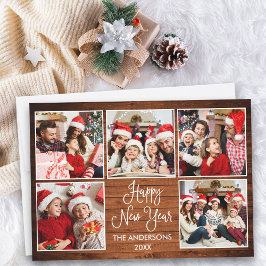 Moderne Leuke Kalligrafie Hout 5 Foto Nieuwjaar Feestdagenkaart