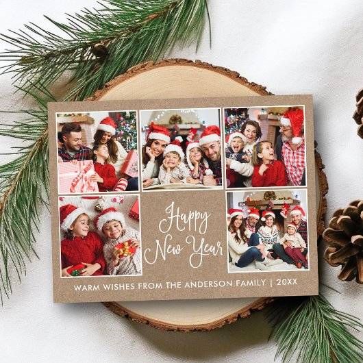 Moderne Leuke Kalligrafie Kraft 5 Foto Nieuwjaar Briefkaart