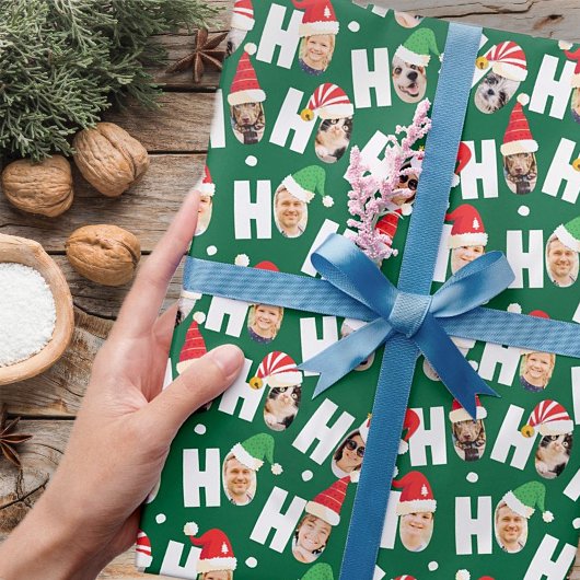 Moderne Leuke Kerstman Hoeden Negen Familie Foto's Cadeaupapier