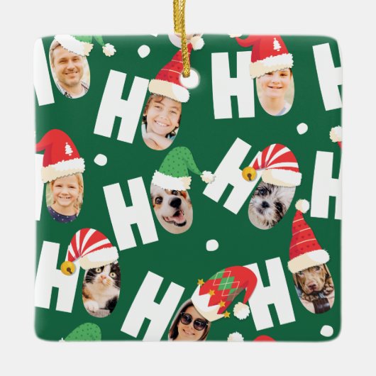 Moderne Leuke Kerstman Hoeden Negen Familie Foto's Keramisch Ornament (Voorkant)