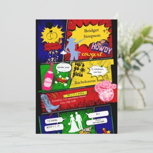 Moderne leuke retro comic Bachelorette Cowgirl Kaart (Staand voorkant)